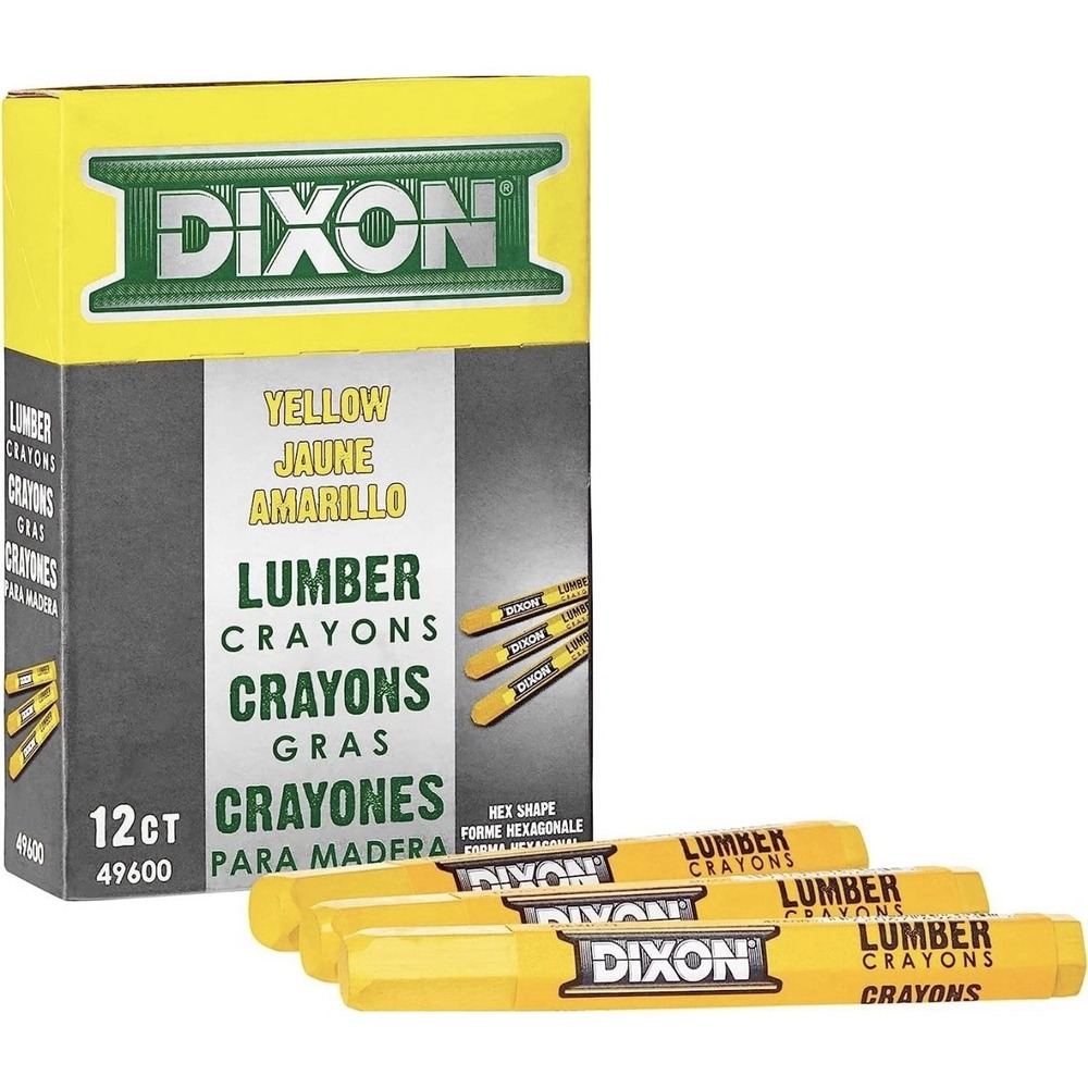 DIXON Industrial Lumber Marking Crayons, 4.5" x 1/2" Hex, Yellow, 12-Pack (49600